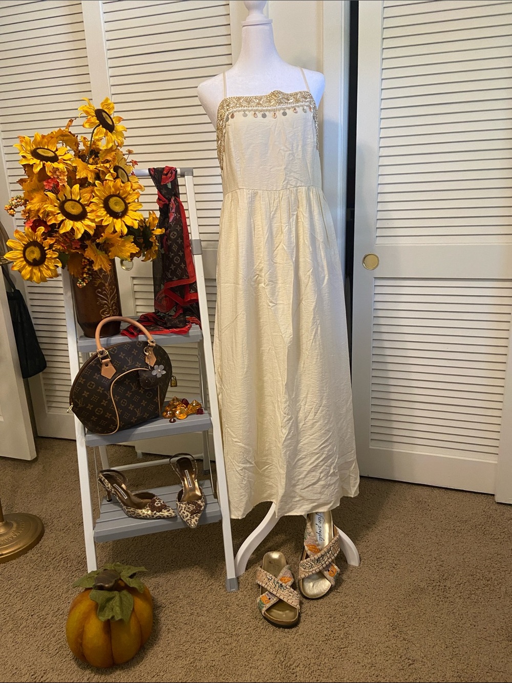 Cream Maxi Dress with Gold Accent Trim